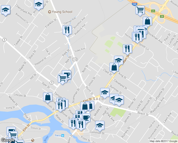 map of restaurants, bars, coffee shops, grocery stores, and more near 5 Westward Ln in Saco