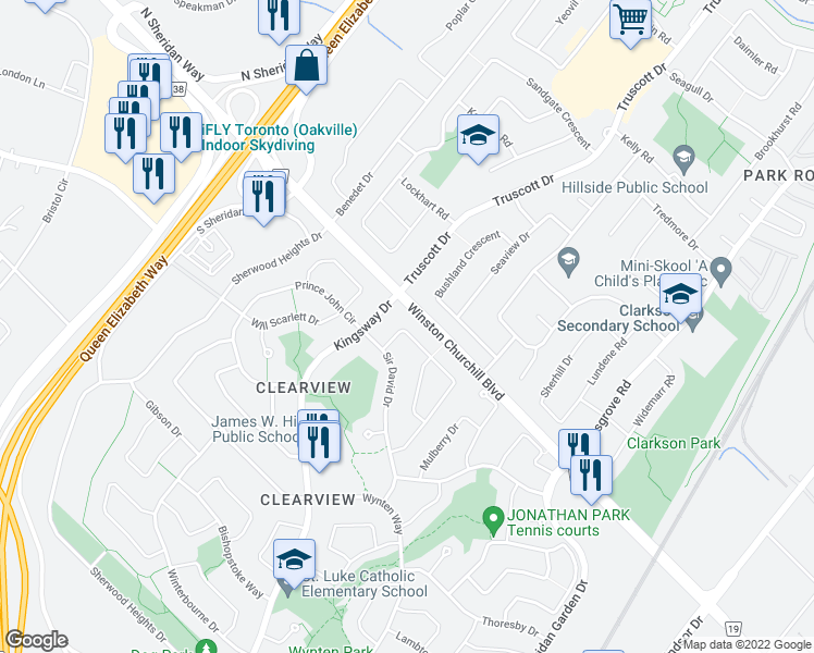 map of restaurants, bars, coffee shops, grocery stores, and more near 1347 Greenwood Crescent in Oakville