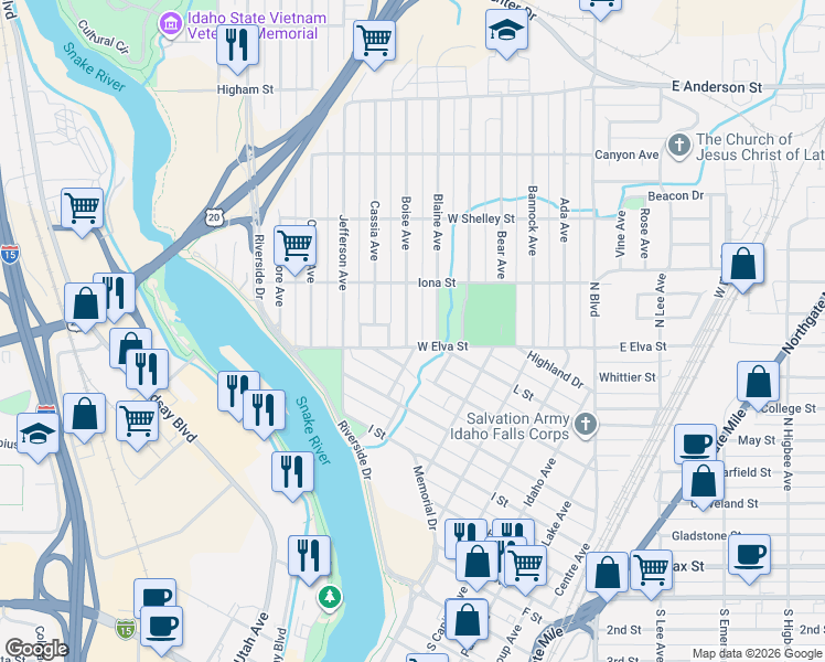 map of restaurants, bars, coffee shops, grocery stores, and more near 920 Boise Avenue in Idaho Falls