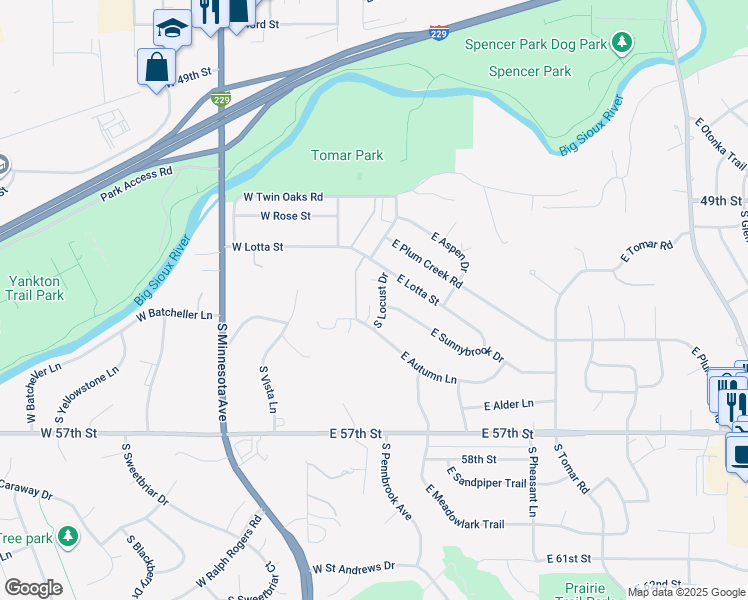 map of restaurants, bars, coffee shops, grocery stores, and more near 4315 South Locust Drive in Sioux Falls
