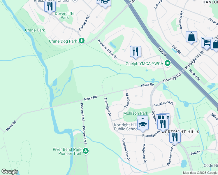 map of restaurants, bars, coffee shops, grocery stores, and more near 12 Whittaker Court in Guelph