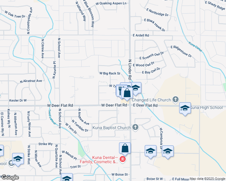 map of restaurants, bars, coffee shops, grocery stores, and more near 288 West Buck Court in Kuna