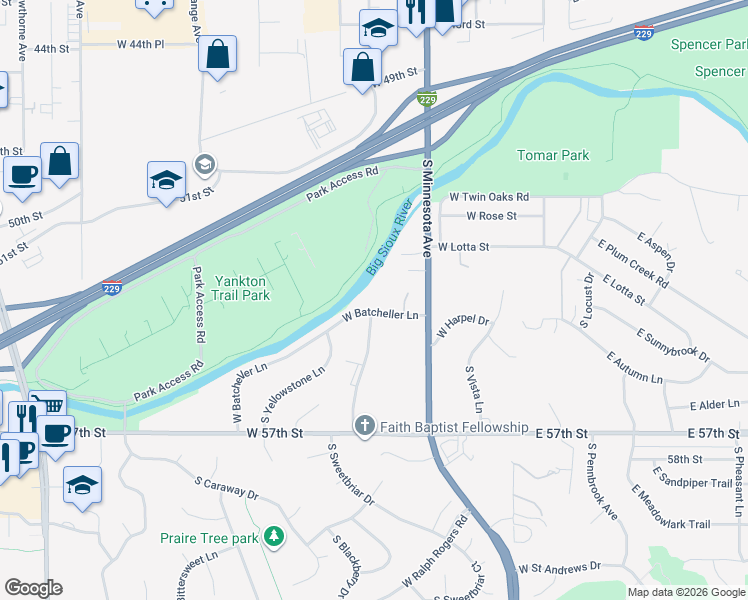 map of restaurants, bars, coffee shops, grocery stores, and more near 522-598 West Batcheller Lane in Sioux Falls