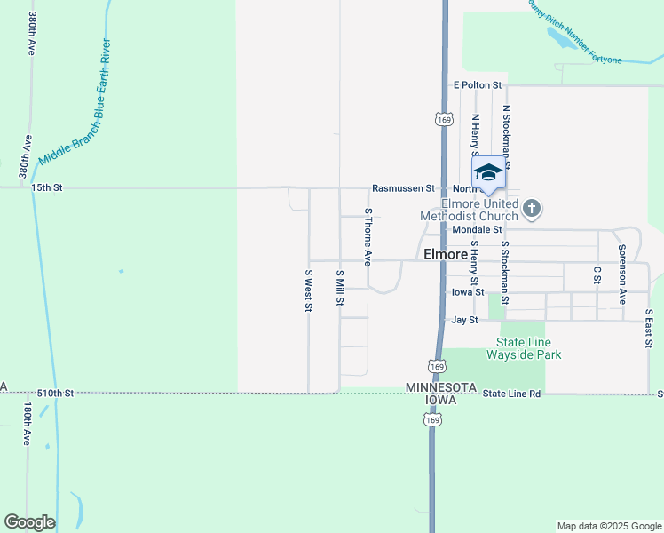 map of restaurants, bars, coffee shops, grocery stores, and more near 301 South Mill Street in Elmore