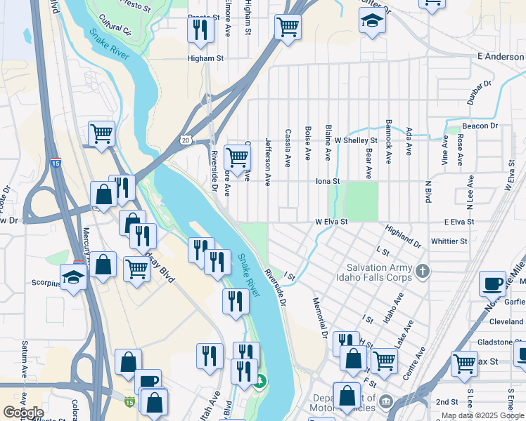 map of restaurants, bars, coffee shops, grocery stores, and more near 925 Jefferson Avenue in Idaho Falls