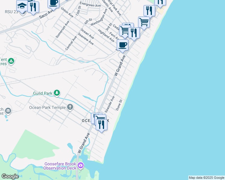 map of restaurants, bars, coffee shops, grocery stores, and more near 12 Tunis Avenue in Old Orchard Beach