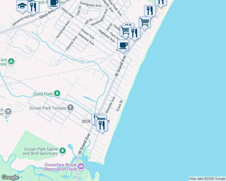 map of restaurants, bars, coffee shops, grocery stores, and more near 12 Tunis Avenue in Old Orchard Beach
