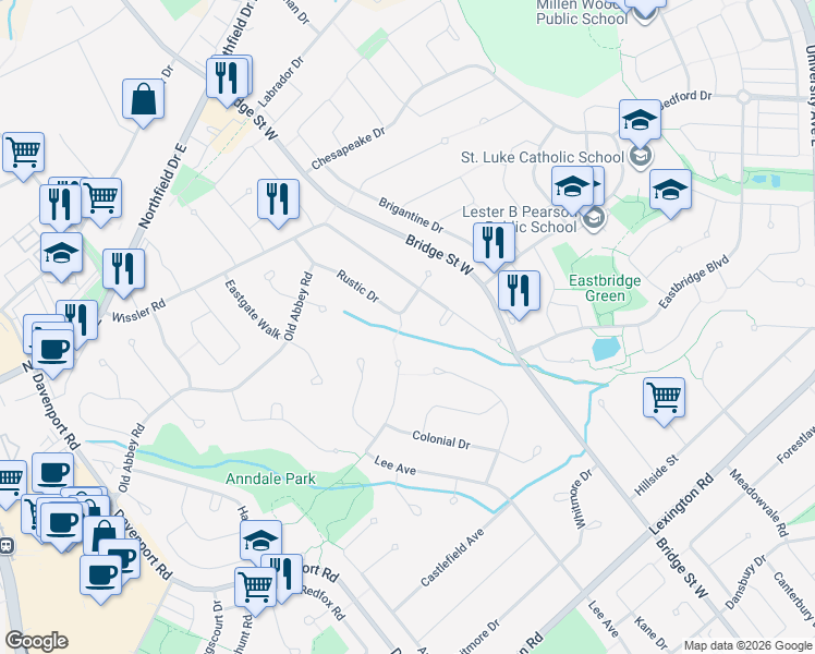 map of restaurants, bars, coffee shops, grocery stores, and more near 577 Grant Crescent in Waterloo