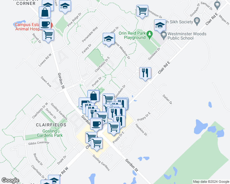 map of restaurants, bars, coffee shops, grocery stores, and more near 67 Darling Crescent in Guelph