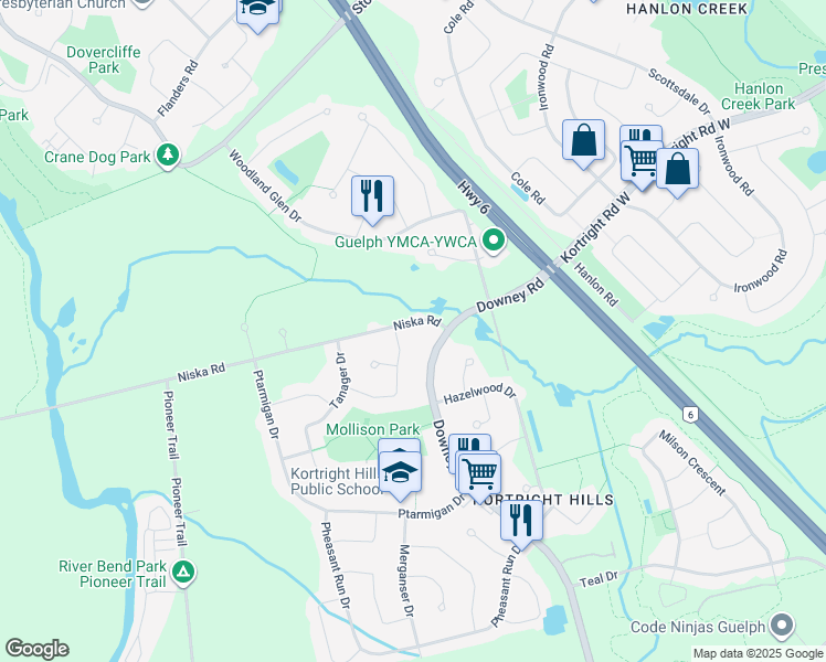 map of restaurants, bars, coffee shops, grocery stores, and more near 76 Niska Road in Guelph