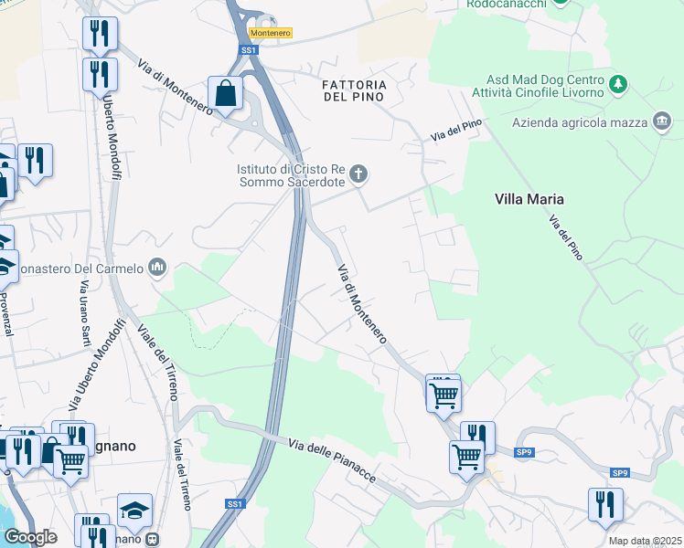 map of restaurants, bars, coffee shops, grocery stores, and more near 222 Via di Montenero in Livorno