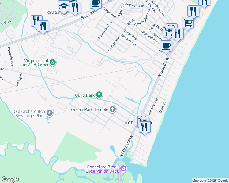 map of restaurants, bars, coffee shops, grocery stores, and more near 36 Free St in Old Orchard Beach