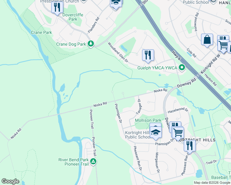 map of restaurants, bars, coffee shops, grocery stores, and more near 12 Whittaker Court in Guelph
