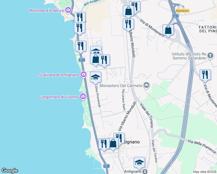 map of restaurants, bars, coffee shops, grocery stores, and more near Via Silvestro Lega in Livorno