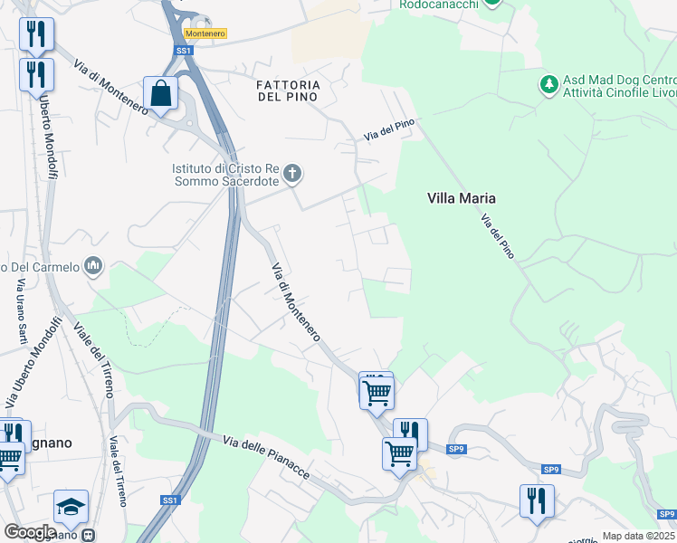 map of restaurants, bars, coffee shops, grocery stores, and more near 102 Via della Prugnoliccia in Livorno