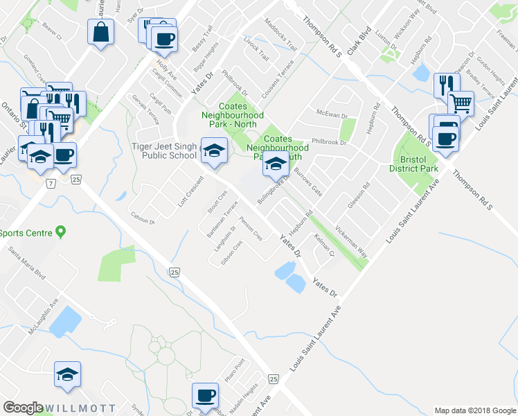 map of restaurants, bars, coffee shops, grocery stores, and more near 682 Bolingbroke Drive in Milton