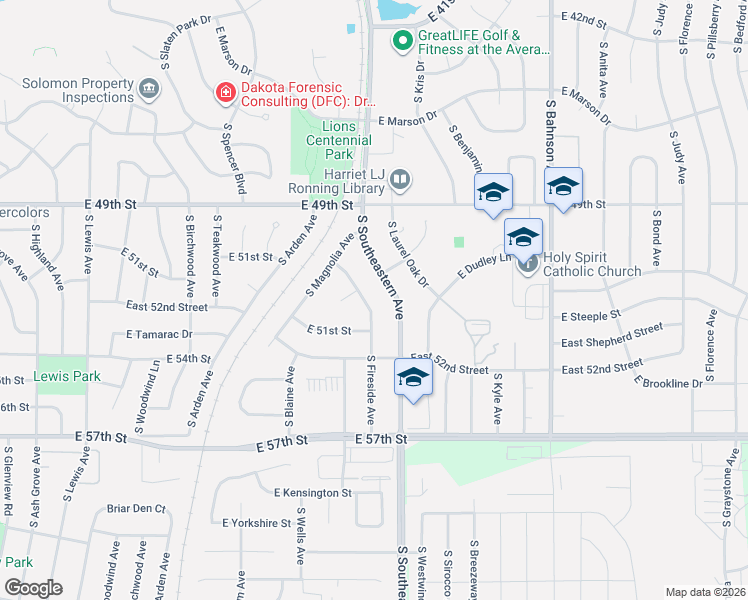 map of restaurants, bars, coffee shops, grocery stores, and more near 4309 South Southeastern Avenue in Sioux Falls