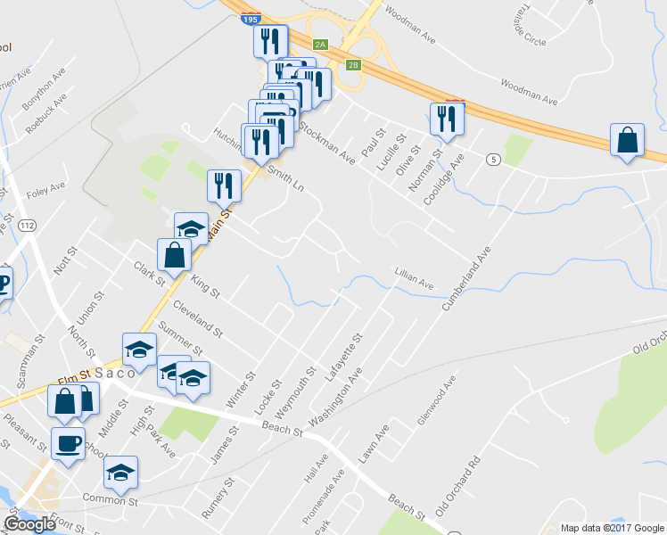map of restaurants, bars, coffee shops, grocery stores, and more near 7 Stables Lane in Saco