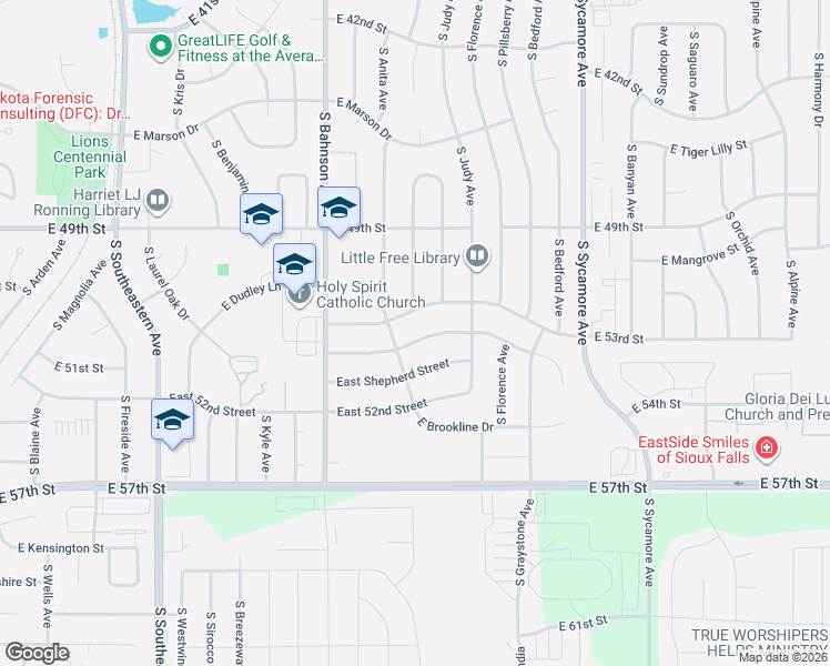 map of restaurants, bars, coffee shops, grocery stores, and more near 3808 East Steeple Street in Sioux Falls