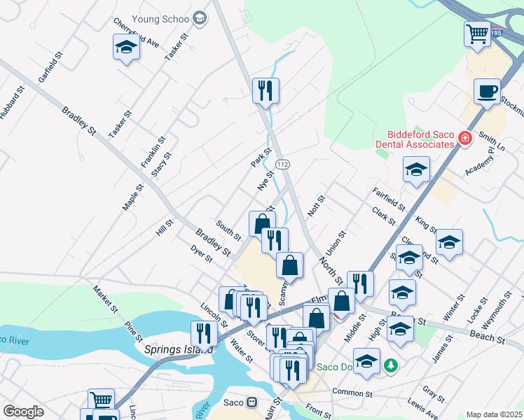 map of restaurants, bars, coffee shops, grocery stores, and more near 35 Nye Street in Saco