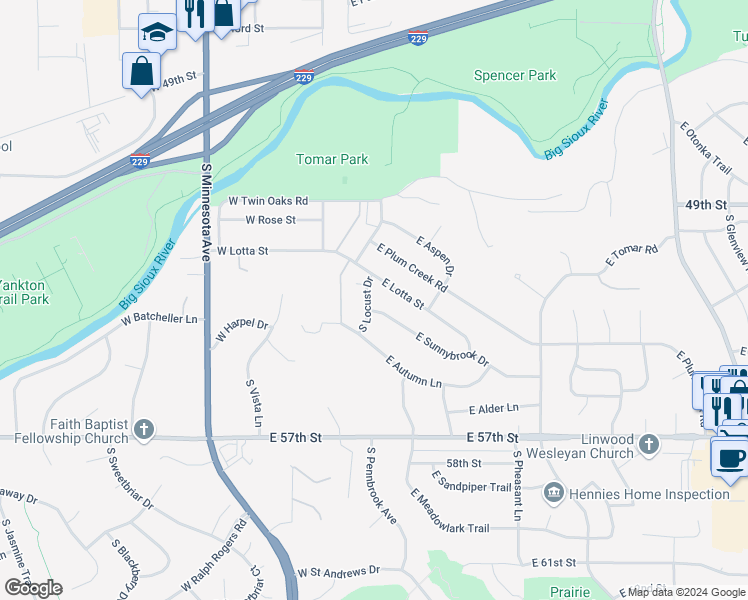 map of restaurants, bars, coffee shops, grocery stores, and more near 4315 South Locust Drive in Sioux Falls