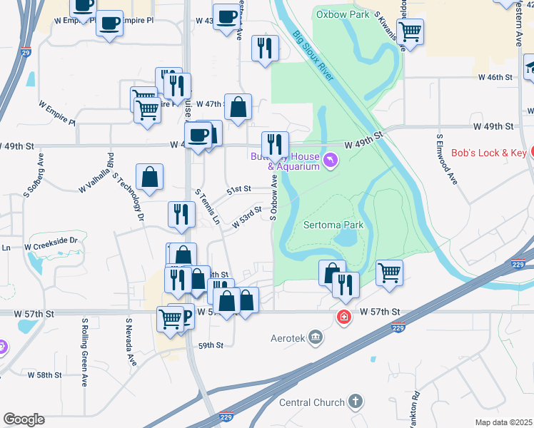 map of restaurants, bars, coffee shops, grocery stores, and more near 3305 West 53rd Street in Sioux Falls