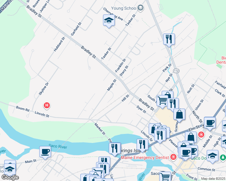 map of restaurants, bars, coffee shops, grocery stores, and more near 4A Caryn Drive in Saco