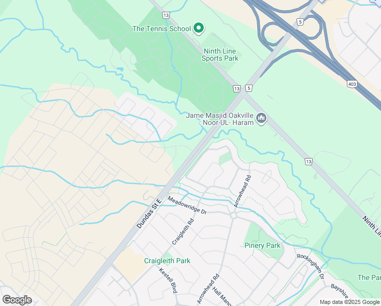 map of restaurants, bars, coffee shops, grocery stores, and more near 1429 Dundas Street East in Oakville