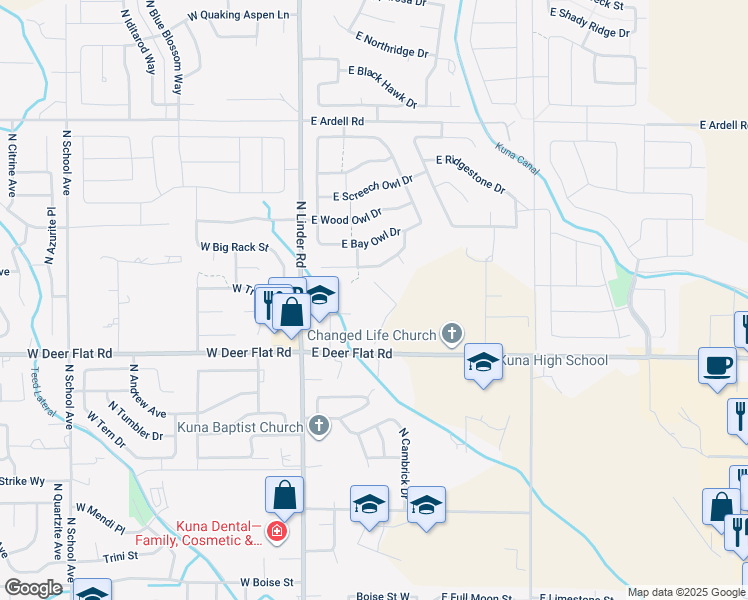 map of restaurants, bars, coffee shops, grocery stores, and more near 1670 Linder Road in Kuna