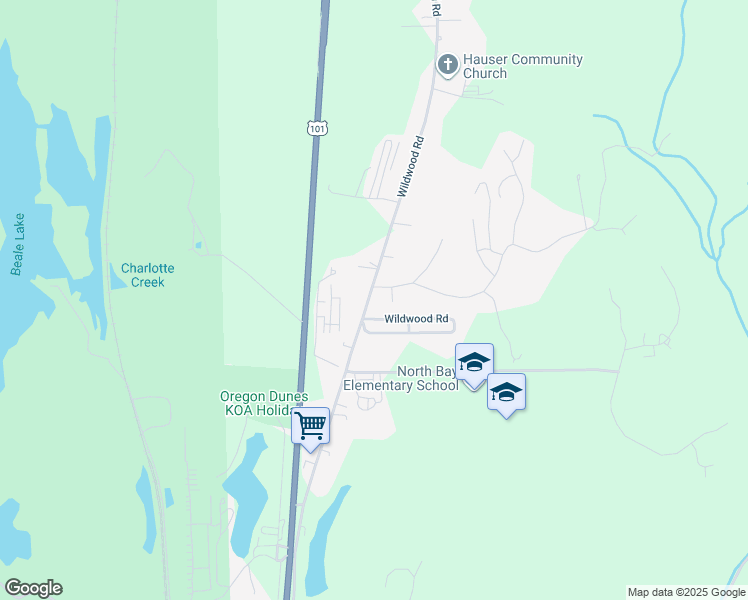 map of restaurants, bars, coffee shops, grocery stores, and more near 69151 Wildwood Road in North Bend