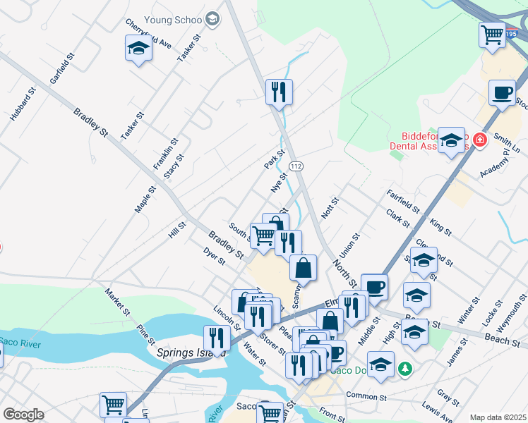 map of restaurants, bars, coffee shops, grocery stores, and more near 35 Nye Street in Saco