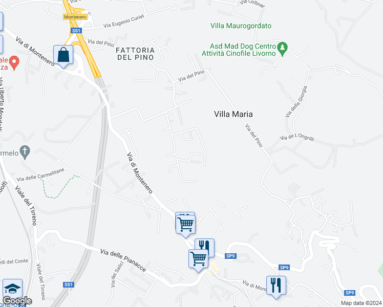 map of restaurants, bars, coffee shops, grocery stores, and more near 121 Via della Prugnoliccia in Livorno