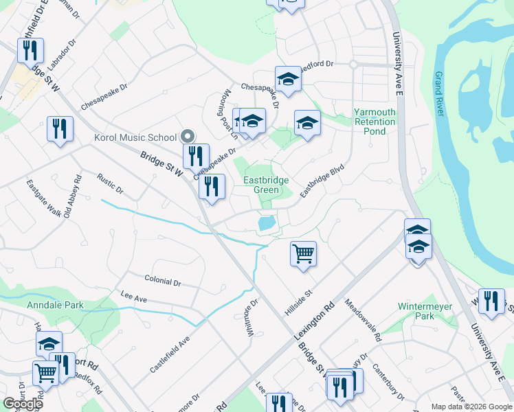 map of restaurants, bars, coffee shops, grocery stores, and more near 500 Mayflower Street in Waterloo