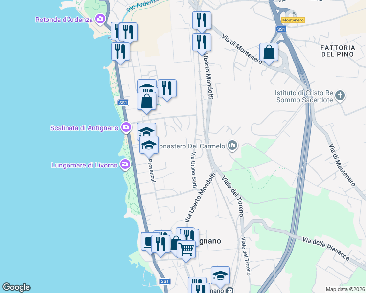 map of restaurants, bars, coffee shops, grocery stores, and more near Via Silvestro Lega in Livorno