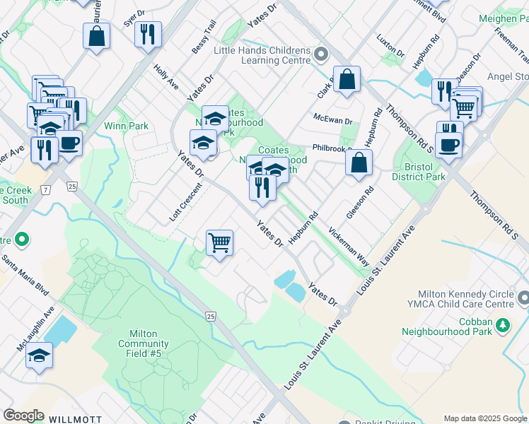 map of restaurants, bars, coffee shops, grocery stores, and more near 682 Bolingbroke Drive in Milton