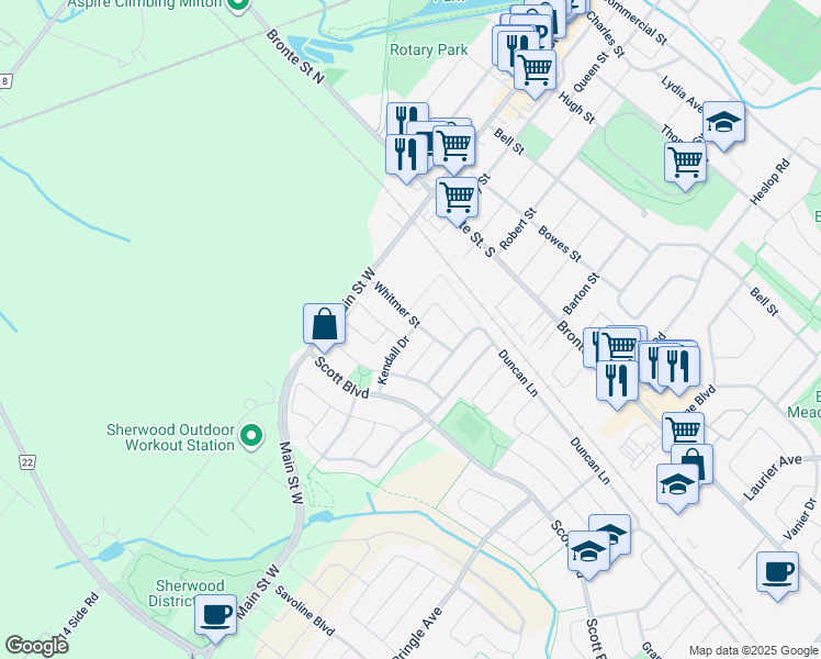 map of restaurants, bars, coffee shops, grocery stores, and more near in Milton