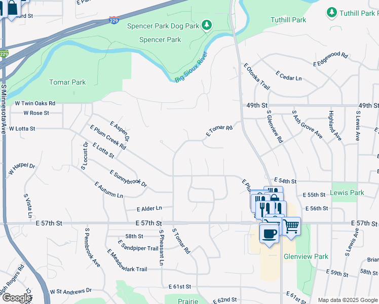 map of restaurants, bars, coffee shops, grocery stores, and more near 4400 S River Oaks Cir in Sioux Falls