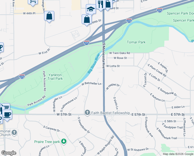 map of restaurants, bars, coffee shops, grocery stores, and more near 4300-4398 S Pine Cone Pl in Sioux Falls