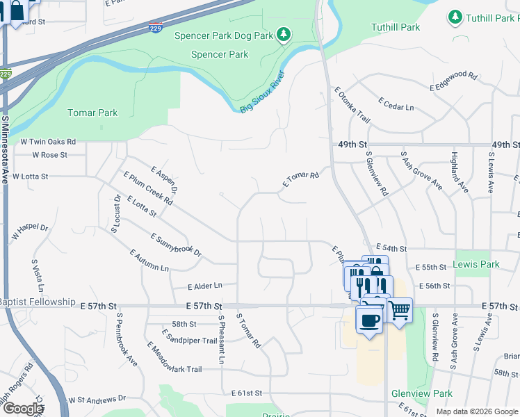 map of restaurants, bars, coffee shops, grocery stores, and more near 4400 S River Oaks Cir in Sioux Falls