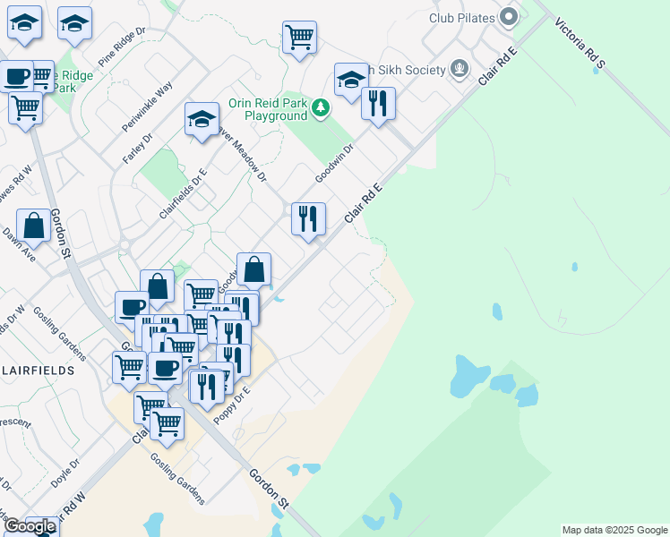 map of restaurants, bars, coffee shops, grocery stores, and more near 7 Kay Crescent in Guelph