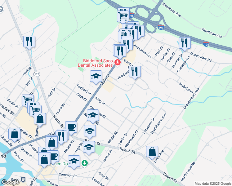map of restaurants, bars, coffee shops, grocery stores, and more near 7 Smith Lane in Saco