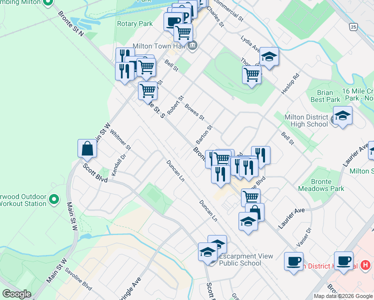 map of restaurants, bars, coffee shops, grocery stores, and more near 174 Bronte Street South in Milton