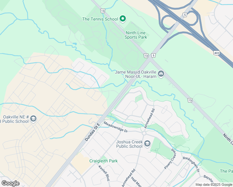 map of restaurants, bars, coffee shops, grocery stores, and more near 1415 Dundas Street East in Oakville