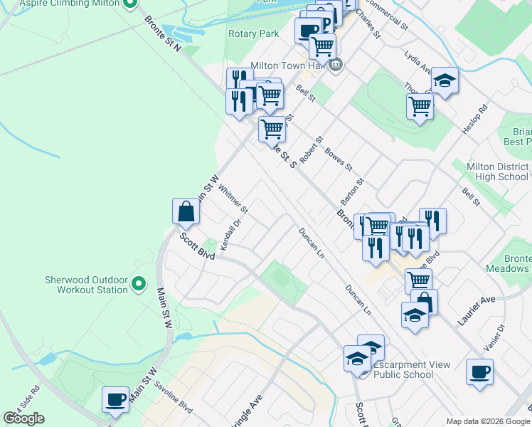 map of restaurants, bars, coffee shops, grocery stores, and more near 112 Hanson Crescent in Milton