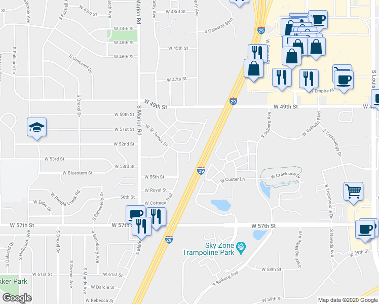 map of restaurants, bars, coffee shops, grocery stores, and more near 4852 West Street James Drive in Sioux Falls