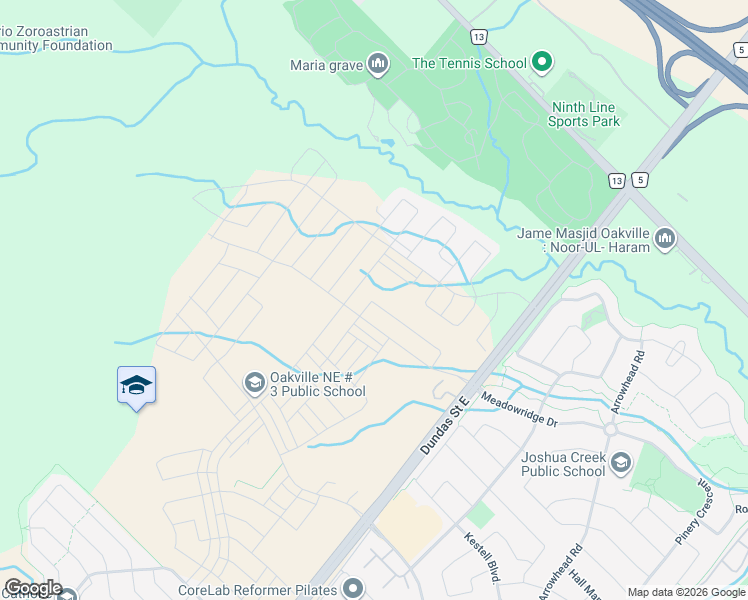 map of restaurants, bars, coffee shops, grocery stores, and more near 3117 Perkins Way in Oakville