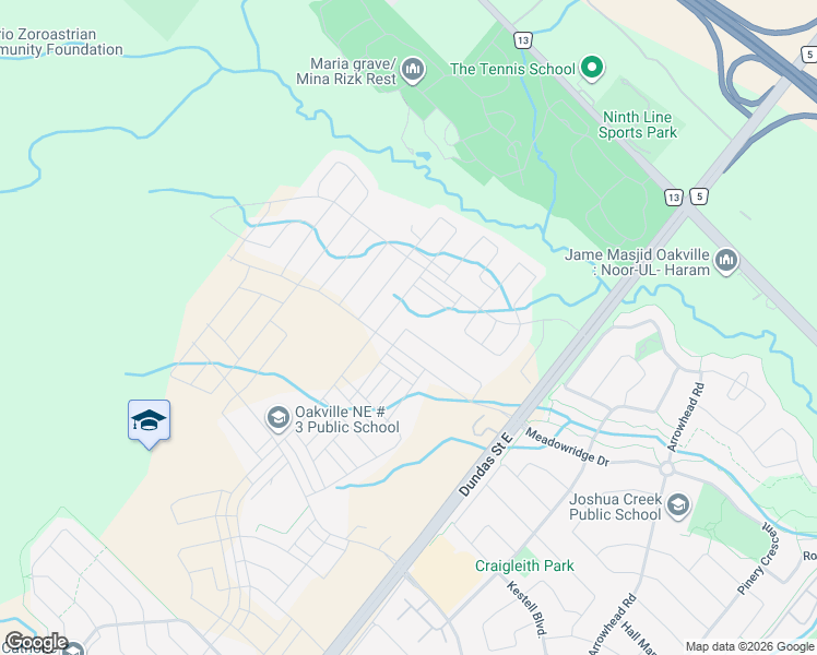 map of restaurants, bars, coffee shops, grocery stores, and more near 3117 Perkins Way in Oakville