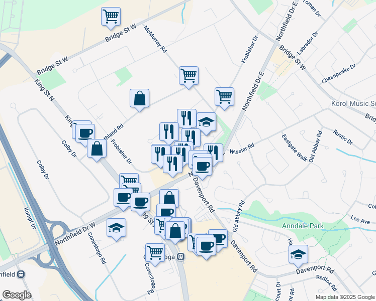 map of restaurants, bars, coffee shops, grocery stores, and more near Davenport Road in Waterloo