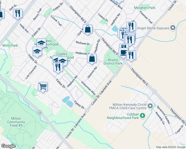 map of restaurants, bars, coffee shops, grocery stores, and more near in Milton