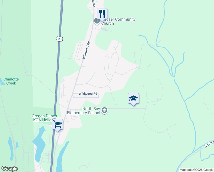 map of restaurants, bars, coffee shops, grocery stores, and more near 348 Driftwood Inn Road in North Bend